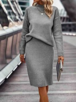 Women's Two Piece Dress Set Casual Dress Skirt Set Outdoor Daily Fashion Streetwear Ribbed Midi Dress Stand Collar Long Sleeve Plain Loose Fit Khaki Gray Fall Winter S M L XL XXL 8 Women's Two Piece Dress Set Casual Dress Skirt Set Outdoor Daily Fashion Streetwear Ribbed Midi Dress Stand Collar Long Sleeve Plain Loose Fit Khaki Gray Fall Winter S M L XL XXL -HAYz Clothing Shop lwamof1693534950998