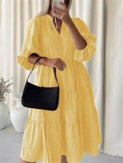 Women's Casual Dress Cotton Dress Midi Dress Cotton Basic Classic Outdoor Daily Vacation V Neck Print Long Sleeve Spring Fall Winter 2023 Loose Fit Black Yellow Red Plaid S M L XL 2XL -HAYz Clothing Shop lwapcj1692695629147