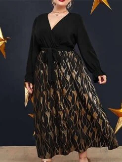 Women's Plus Size Curve Prom Dress Party Dress Wedding Guest Dress Long Dress Maxi Dress Black Long Sleeve Print Lace Up Fall Winter Autumn V Neck Fashion Evening Party Wedding Guest L XL