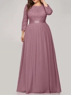 Women's Plus Size Curve Prom Dress Party Dress Lace Dress Long Dress Maxi Dress White Pink Wine 3/4 Length Sleeve Pure Color Lace Spring Fall Winter Crew Neck Fashion Birthday Evening Party -HAYz Clothing Shop lwjqmh1692156792428