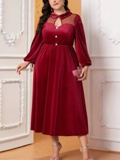 Women's Plus Size Curve Velvet Dress Casual Dress Winter Dress Plain Long Dress Maxi Dress Long Sleeve Mesh Patchwork Shirt Collar Fashion Outdoor Wine Fall Winter L XL XXL 3XL 4XL