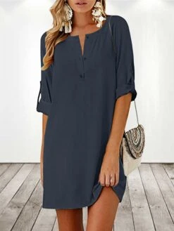 Women's Cotton Linen Dress T Shirt Dress Tee Dress Shift Dress Mini Dress Linen Cotton Blend Stylish Basic Outdoor Daily Holiday Split Neck Ruched Half Sleeve Summer Spring 2023 Regular Fit Black