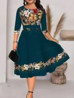 Women‘s Plus Size Curve Work Dress Swing Dress A Line Dress Fashion Midi Dress Print Crew Neck 3/4 Length Sleeve Floral Geometric Regular Fit Black White Green Summer Fall L XL XXL 3XL 4XL -HAYz Clothing Shop lxdkhq1690962538277