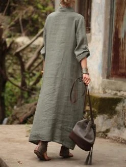 Women's Shirt Dress Casual Dress Cotton Linen Dress Maxi Long Dress Linen / Cotton Blend Basic Classic Outdoor Daily Vacation Shirt Collar Button Split Long Sleeve Summer Spring Fall 2023 Loose Fit -HAYz Clothing Shop lxkvaw1692084504450