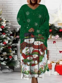Women‘s Plus Size Christmas Dress Santa Claus V Neck Long Sleeve Winter Fall Modern Maxi Long Dress Daily Dress