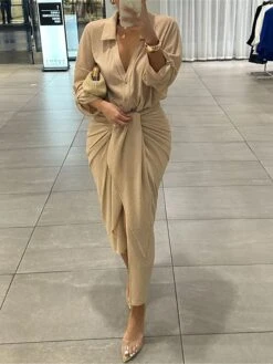 Women's Two Piece Dress Set Party Dress Skirt Set Party Wedding Guest Fashion Party Ruched Long Dress Maxi Dress Shirt Collar Long Sleeve Plain Regular Fit Khaki Fall Winter S M L XL