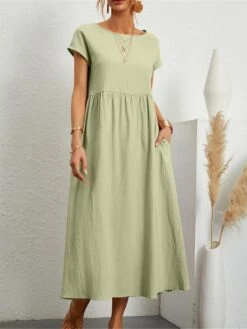 Women's Casual Dress Cotton Linen Dress Swing Dress Midi Dress Cotton Blend Basic Classic Outdoor Daily Crew Neck Pocket Short Sleeve Summer Spring 2023 Loose Fit ArmyGreen Black White Plain S M L XL -HAYz Clothing Shop lxswqy1688457618788