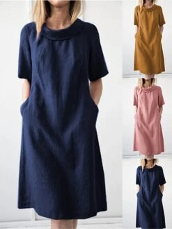 Women's Casual Dress Cotton Linen Dress Shift Dress Midi Dress Linen Cotton Blend Basic Classic Outdoor Daily Vacation Crew Neck Side Pockets Baggy Short Sleeve Summer Spring 2023 Loose Fit Yellow