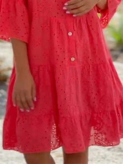 Women's Casual Dress Cotton Linen Dress Mini Dress Polyester Fashion Modern Outdoor Daily Holiday Split Neck Button Eyelet 3/4 Length Sleeve Summer Spring Fall 2023 Loose Fit Red Plain S M L XL 2XL -HAYz Clothing Shop lzemcf1690365619222