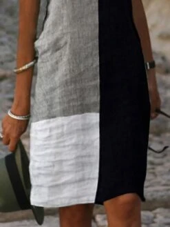 Women's Casual Dress Cotton Linen Dress Shift Dress Midi Dress Cotton Blend Modern Casual Daily Vacation V Neck Patchwork Button Short Sleeve Summer Spring 2023 Regular Fit White Color Block S M L XL -HAYz Clothing Shop lzqghv1678353096911