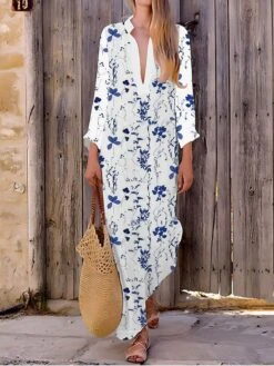 Women's Casual Dress Cotton Linen Dress Maxi Long Dress Polyester Fashion Casual Daily Outdoor Daily Vacation Split Neck Split Print Long Sleeve Summer Spring Fall 2023 Loose Fit White Navy Blue Blue
