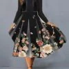 Women‘s Plus Size Curve Work Dress Swing Dress A Line Dress Floral Midi Dress Long Sleeve Fake Two Piece Print Crew Neck Fashion Office Black Fall Spring L XL XXL 3XL