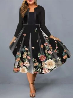 Women‘s Plus Size Curve Work Dress Swing Dress A Line Dress Floral Midi Dress Long Sleeve Fake Two Piece Print Crew Neck Fashion Office Black Fall Spring L XL XXL 3XL