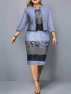 Women's Plus Size Curve Casual Dress Dress Set Two Piece Dress Gradient Stripe Midi Dress Long Sleeve Print Crew Neck Fashion Outdoor Pink Blue Fall Winter L XL XXL 3XL 4XL -HAYz Clothing Shop maajxo1695362840070