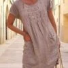 Women's Casual Dress Cotton Linen Dress Shift Dress Midi Dress Cotton Blend Basic Casual Daily Vacation Crew Neck Pocket Short Sleeve Summer Spring 2023 Regular Fit Apricot Pure Color S M L XL