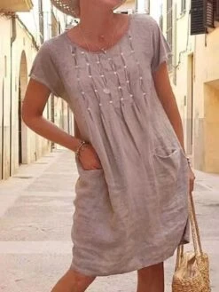 Women's Casual Dress Cotton Linen Dress Shift Dress Midi Dress Cotton Blend Basic Casual Daily Vacation Crew Neck Pocket Short Sleeve Summer Spring 2023 Regular Fit Apricot Pure Color S M L XL