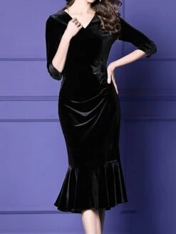 Women's Plus Size Curve Party Dress Velvet Dress Winter Dress Solid Color Midi Dress Long Sleeve Ruched V Neck Fashion Party Black Wine Fall Winter L XL XXL 3XL 4XL -HAYz Clothing Shop magjog1694576151471
