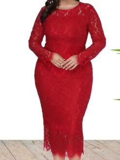 Women‘s Plus Size Curve Party Dress Solid Color Crew Neck Lace Long Sleeve Fall Spring Prom Dress Maxi Long Dress Party Vacation Dress Cotton -HAYz Clothing Shop mbaptp1660209284432