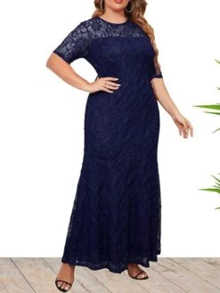 Women's Plus Size Curve Party Dress Lace Dress Sheath Dress Solid Color Long Dress Maxi Dress Half Sleeve Ruched Patchwork Crew Neck Fashion Wedding Wine Deep Blue Spring Fall XL XXL 3XL 4XL 5XL -HAYz Clothing Shop mbkhoi1693533333583