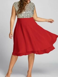 Women‘s Plus Size Curve Party Dress Sequin Dress Homecoming Dress Color Block Midi Dress Sleeveless Patchwork Crew Neck Fashion Party Red Spring Summer XL XXL 3XL 4XL 5XL