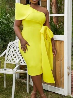 Women's Plus Size Curve Party Dress Cocktail Dress Bodycon Plain Midi Dress Short Sleeve Ruffle Bow One Shoulder Fashion Party Yellow Pink Fall Winter XL XXL 3XL 4XL -HAYz Clothing Shop mbrdtt1694425972831