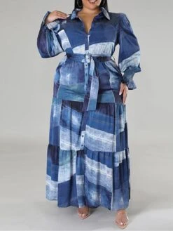 Women's Plus Size Curve Work Dress Swing Dress Semi Formal Dress Fashion Long Dress Maxi Dress Lace Up Print Shirt Collar Long Sleeve Print Yellow Royal Blue Blue Spring Fall XL XXL 3XL 4XL 5XL