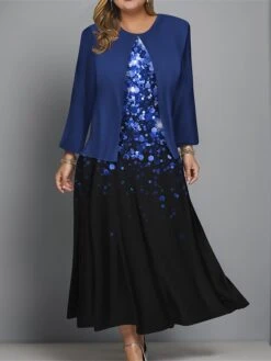 Women's Plus Size Two Piece Dress Set Casual Dress Swing Dress Outdoor Office Fashion Streetwear Print Midi Dress Crew Neck Long Sleeve Ombre Regular Fit Wine Navy Blue Blue Fall Winter L XL XXL 3XL -HAYz Clothing Shop mbzsuh1697681150885