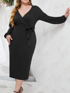 Women's Plus Size Party Dress Cocktail Dress Wedding Guest Dress Midi Dress Black Wine Blue Long Sleeve Pure Color Lace Up Spring Fall Winter V Neck Fashion Winter Dress Wedding Guest Birthday 2023 -HAYz Clothing Shop mcdrdd1691738735194