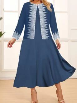 Women‘s Plus Size Curve Two Piece Dress Set Casual Dress Swing Dress Outdoor Office Fashion Streetwear Print Midi Dress Crew Neck Long Sleeve Geometric Color Block Regular Fit Black Navy Blue -HAYz Clothing Shop mcdvun1692078972535