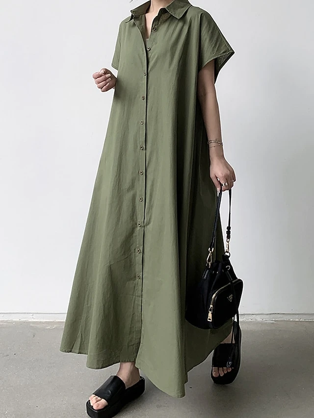 Women's Shirt Dress Casual Dress Maxi Long Dress Outdoor Daily Cotton Linen Basic Classic Shirt Collar Button Short Sleeve Summer Spring 2023 Loose Fit Navy Blue Brown Green Pure Color S M L XL XXL 5 Women's Shirt Dress Casual Dress Maxi Long Dress Outdoor Daily Cotton Linen Basic Classic Shirt Collar Button Short Sleeve Summer Spring 2023 Loose Fit Navy Blue Brown Green Pure Color S M L XL XXL - Image 5