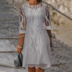 Women's Plus Size Curve Casual Dress Shift Dress Solid Color Round Neck Lace 3/4 Length Sleeve Fall Spring Dress Work Casual Daily Midi Dress -HAYz Clothing Shop mcrvzd1668134532872