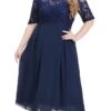 Women's Plus Size Curve Party Dress Lace Dress Sheath Dress Solid Color Midi Dress Short Sleeve Lace Patchwork Crew Neck Fashion Wedding Dark Blue Spring Fall XL XXL 3XL 4XL 5XL