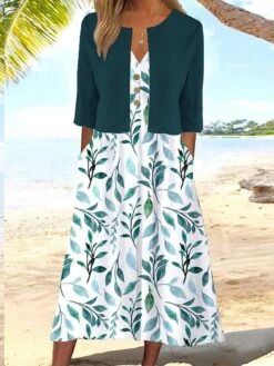Women's Two Piece Dress Set Casual Dress Dress Set Outdoor Daily Fashion Streetwear Button Pocket Midi Dress V Neck Half Sleeve Leaf Regular Fit Blue Summer Spring S M L XL XXL