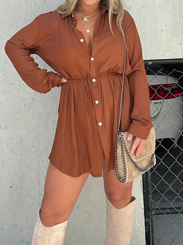 Women's Shirt Dress Casual Dress Mini Dress Outdoor Daily Date Polyester Fashion Casual Shirt Collar Lace Up Button Long Sleeve Fall Winter 2023 Loose Fit ArmyGreen Black Wine Pure Color S M L XL 2XL 10 Women's Shirt Dress Casual Dress Mini Dress Outdoor Daily Date Polyester Fashion Casual Shirt Collar Lace Up Button Long Sleeve Fall Winter 2023 Loose Fit ArmyGreen Black Wine Pure Color S M L XL 2XL - Image 10