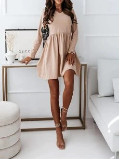 Women's Casual Dress Black Dress A Line Dress Mini Dress Cotton Polyester Fashion Daily Outdoor Daily Vacation Crew Neck Ruched Patchwork Long Sleeve Fall Autumn 2023 Regular Fit Black Khaki Gray -HAYz Clothing Shop mdbhgu1692956019247