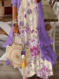 Women's Two Piece Dress Set Print Dress Daily Vacation Casual Print Maxi Dress V Neck 3/4 Length Sleeve Floral Loose Fit White Purple Green Summer Spring S M L XL XXL -HAYz Clothing Shop mdiqmp1677121637503