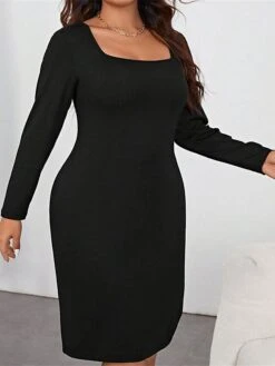 Women's Plus Size Curve Party Dress Bodycon Sheath Dress Plain Midi Dress Long Sleeve Split Square Neck Fashion Party Black Fall Winter XL XXL 3XL -HAYz Clothing Shop mdrkak1695026726547