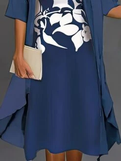 Women's Two Piece Dress Set Casual Dress Chiffon Dress Outdoor Daily Fashion Streetwear Print Midi Dress Crew Neck Half Sleeve Floral Regular Fit Dark Blue Fall Winter S M L XL XXL -HAYz Clothing Shop mdwfib1695364089713