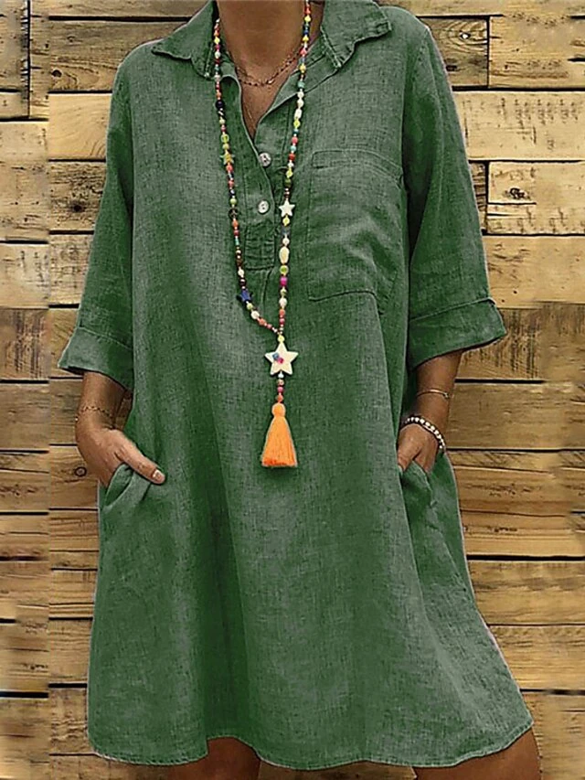Women's Shirt Dress Cotton Linen Dress Shift Dress Mini Dress Cotton And Linen Daily Vacation Shirt Collar Pocket 3/4 Length Sleeve Summer Spring Fall 2023 Loose Fit Black Pink Green Pure Color S M L 4 Women's Shirt Dress Cotton Linen Dress Shift Dress Mini Dress Cotton And Linen Daily Vacation Shirt Collar Pocket 3/4 Length Sleeve Summer Spring Fall 2023 Loose Fit Black Pink Green Pure Color S M L - Image 4