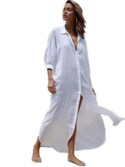 Women's Shirt Dress Casual Dress Cotton Dress Cotton Blend Fashion Daily Holiday Weekend Beaches V Neck Button Baggy Long Sleeve White One-Size -HAYz Clothing Shop mebpcz1690547336430