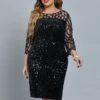 Women's Plus Size Curve Party Dress Solid Color Crew Neck Sequins 3/4 Length Sleeve Spring Fall Sequins Prom Dress Midi Dress Formal Party Dress / Sequin Dress / Mesh