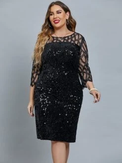 Women's Plus Size Curve Party Dress Solid Color Crew Neck Sequins 3/4 Length Sleeve Spring Fall Sequins Prom Dress Midi Dress Formal Party Dress / Sequin Dress / Mesh