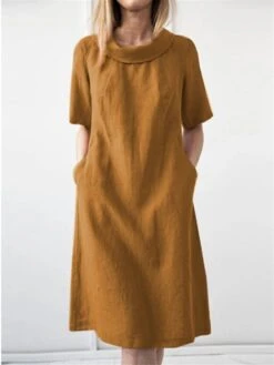 Women's Casual Dress Cotton Linen Dress Shift Dress Midi Dress Linen Cotton Blend Basic Classic Outdoor Daily Vacation Crew Neck Side Pockets Baggy Short Sleeve Summer Spring 2023 Loose Fit Yellow -HAYz Clothing Shop mehdnr1689651570276