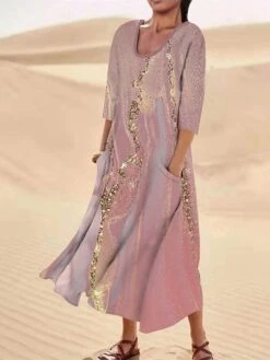 Women's Casual Dress Cotton Linen Dress Midi Dress Polyester Fashion Casual Daily Outdoor Daily Vacation Crew Neck Pocket Print Half Sleeve Summer Spring Fall 2023 Loose Fit Light Pink Pink Navy Blue -HAYz Clothing Shop mehwzp1690365477507