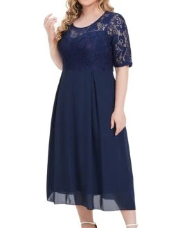 Women's Plus Size Party Dress Lace Dress Cocktail Dress Midi Dress Dark Blue Half Sleeve Pure Color Lace Fall Winter Autumn Crew Neck Fashion Winter Dress Wedding Guest Vacation 2023 XL XXL 3XL 4XL -HAYz Clothing Shop menvna1693296918406