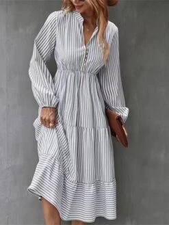 Women's Casual Dress Cotton Linen Dress Swing Dress Midi Dress Polyester Fashion Modern Outdoor Daily Vacation Split Neck Ruffle Button Long Sleeve Fall Winter Autumn 2023 Regular Fit Light Green