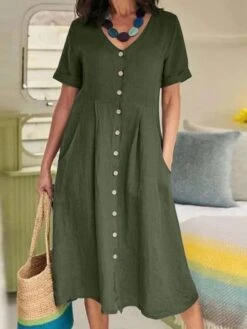 Women's Casual Dress Cotton Linen Dress A Line Dress Maxi Long Dress Cotton Blend Basic Elegant Outdoor Daily Vacation V Neck Button Pocket Short Sleeve Summer Spring Fall 2023 Regular Fit Black -HAYz Clothing Shop meucpq1654855738512