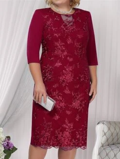 Women‘s Plus Size Curve Apple Shaped Dress Wedding Guest Lace Dress Work Dress Sheath Dress Floral Midi Dress Sleeve Lace Crew Neck Elegant Office Red Sky Blue Spring Summer Dress -HAYz Clothing Shop mewiiu1673503408618