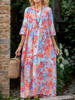 Women's Casual Dress Cotton Linen Dress Swing Dress Midi Dress Linen / Cotton Blend Sweet Style Modern Outdoor Daily Holiday Crew Neck Print 3/4 Length Sleeve Fall Winter Autumn 2023 Loose Fit Yellow