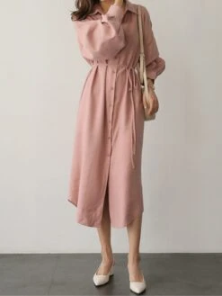 Women's Shirt Dress Casual Dress Cotton Linen Dress Midi Dress Cotton Blend Basic Classic Outdoor Daily Vacation Shirt Collar Button Long Sleeve Spring Fall Autumn 2023 Loose Fit Pink Plain S M L XL -HAYz Clothing Shop mfanik1693226481782